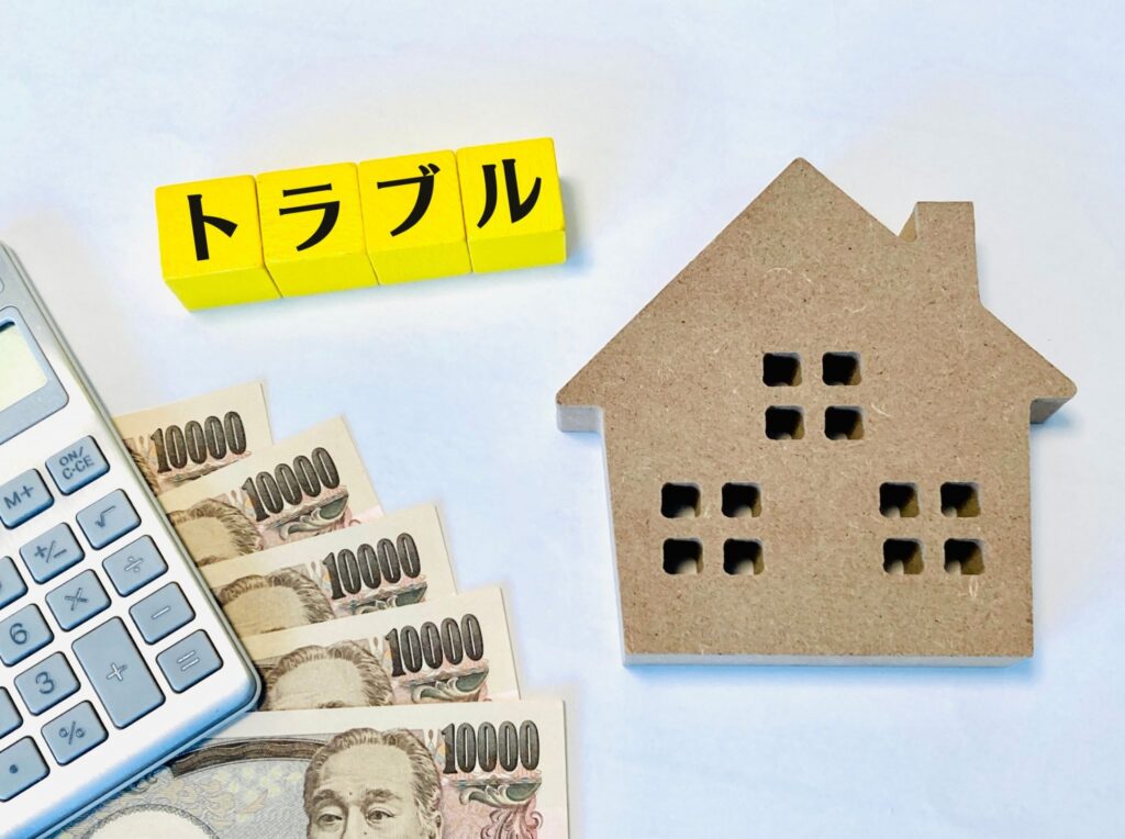 積み木にひともじずつトラブルと書かれていて、近くに電卓とお札、家をもしたプレートがある